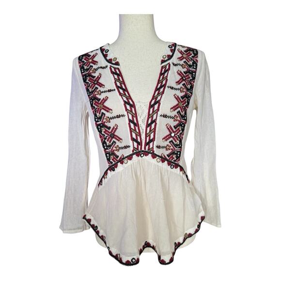 Anthropologie Akemi Kin Peasant Embroidered Top Cream Mesh Boho Blouse Small - Picture 2 of 10